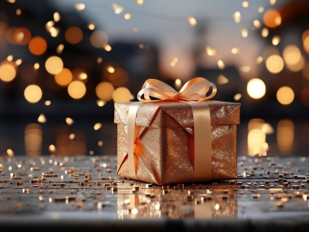 Festive gift box against bokeh background Holiday greeting card