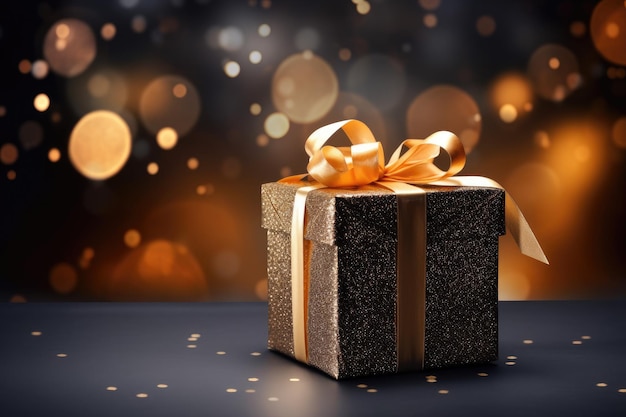 Festive gift box on dark backdrop with magical bokeh