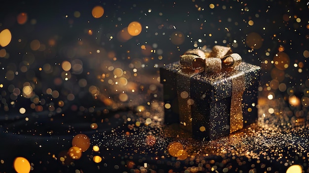 Festive gift box on dark magic background with bokeh