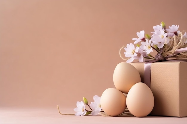 생성 AI 도구로 만든 베이지색 배경의 축제 선물 상자 부활절 달걀과 꽃다발