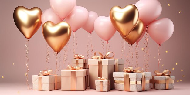 Festive gift boxes hearts shape balloons with space for text valentines day sales concept