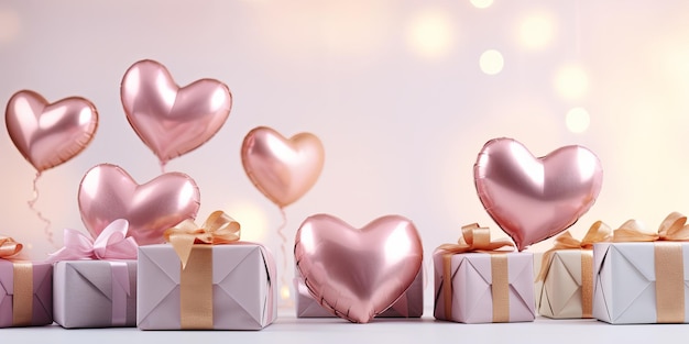 축제 선물 상자 심장 모양의 풍선 텍스트를 위한 공간 발렌타인 데이 판매 개념