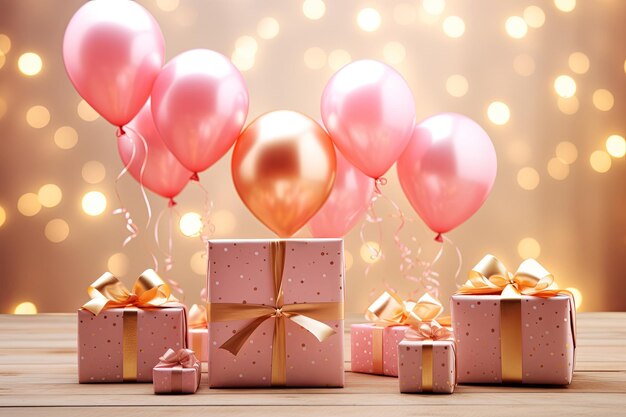 festive gift boxes with pink and gold balloons with space for text holiday sales concept