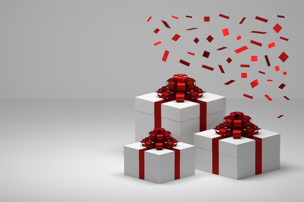 Festive gifts, presents with falling red confetti and boxes with red silky shiny bows