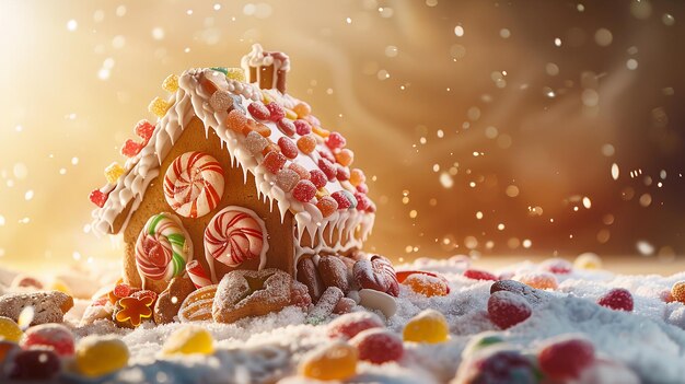 Photo festive gingerbread house decorated with royal icing candies and gumdrops