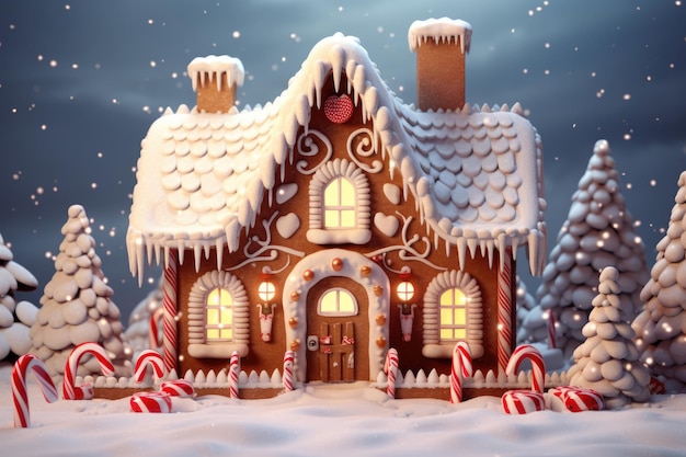 Festive Gingerbread House with Candy Cane Accents in Snowy Scene