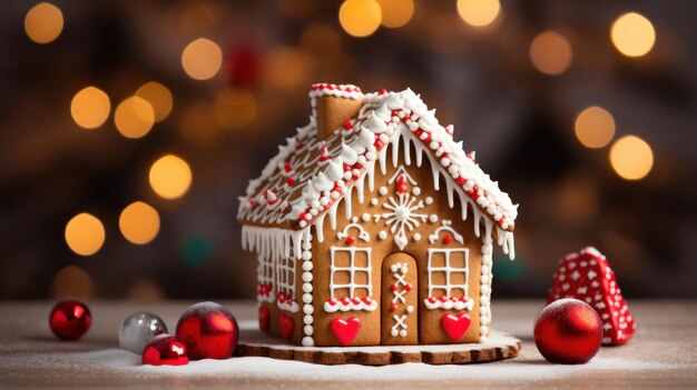 Festive gingerbread house with candy canes and icing decorations