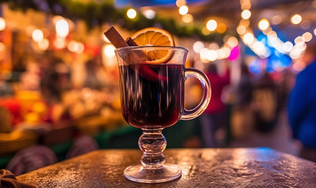 A festive glass of mulled wine on a bar at an evening christmas market