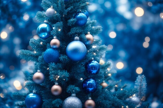 A festive glittery Christmas tree with shiny blue and green decorations