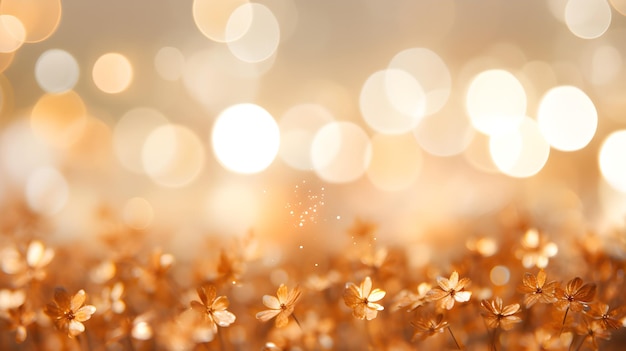 Festive golden background Golden flowers on a background of beautiful bokeh copy space