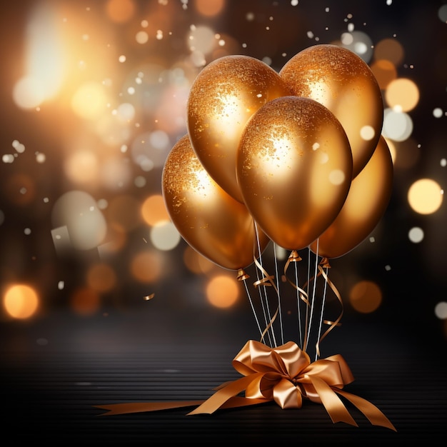 festive golden balloons with ribbons and confetti 3D rendering For Social Media Post Size