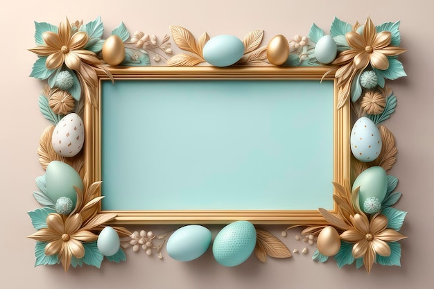 Festive golden frame with colorful pastel Easter eggs