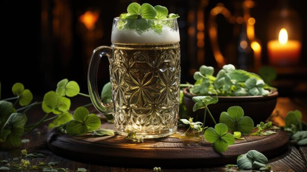 Foto festiva birra verde con shamrocks per la celebrazione del giorno di san patrizio