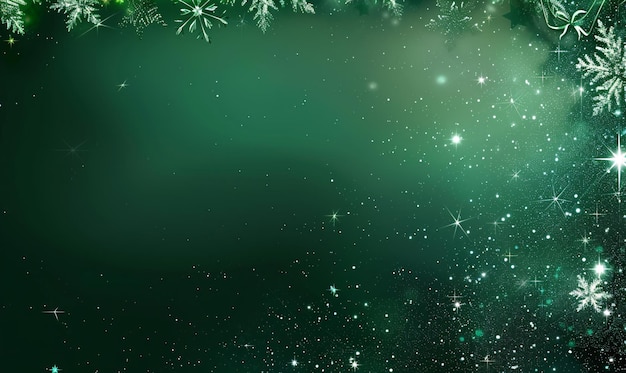 Photo a festive green christmas background with snowflakes and stars