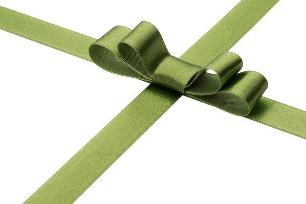 Festive green gift ribbon and bow isolated on white background