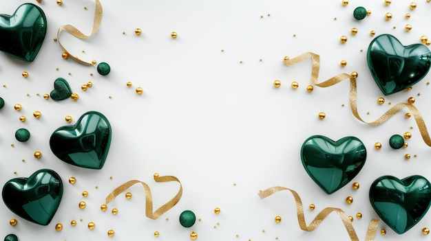 Festive green hearts with golden ribbons and beads on a white background