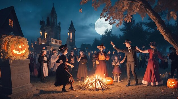 A festive Halloween celebration in a graveyard with a bonfire and costumed guests dancing around it