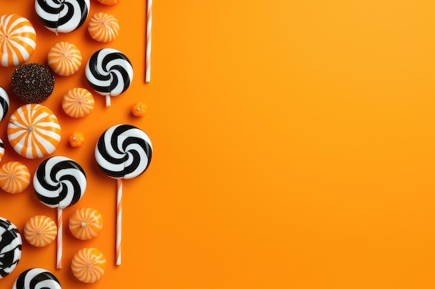 Festive halloween and chocolat sweets on a orange backgorund generative ai