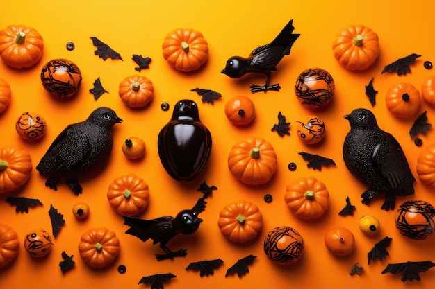 Festive halloween and chocolat sweets on a orange backgorund generative ai