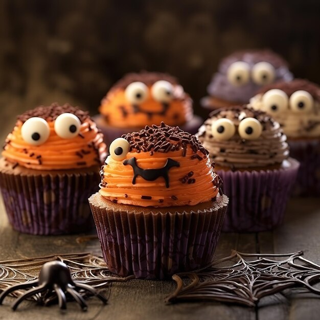 Festive Halloween cupcakes and treats decorated with sprinkles and candy