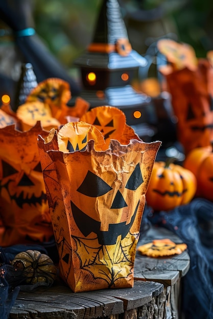 Festive Halloween Decorations with Jack O Lanterns Pumpkin Bags and Autumn Leaves for Spooky