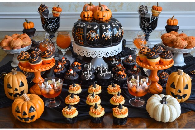 Festive Halloween Dessert Table Setup with Pumpkin and Bat Decorations Orange and Black Treats