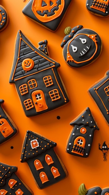 Foto festivi biscotti di pan di zenzero di halloween in forme inquietanti su uno sfondo arancione