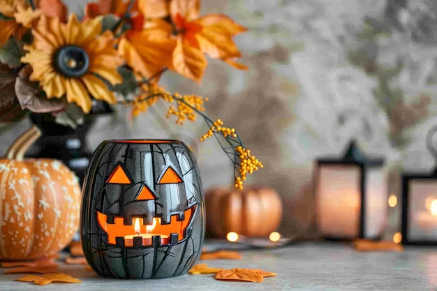 Festive Halloween Jack O Lantern with Autumn Decoration and Lanterns on Gray Background