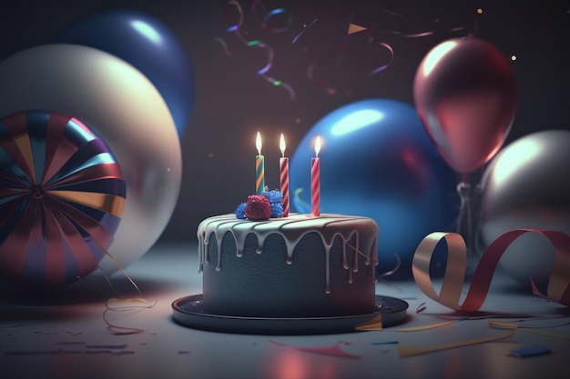 Festive happy birthday cake with a candle and decorations ballons Generative AI