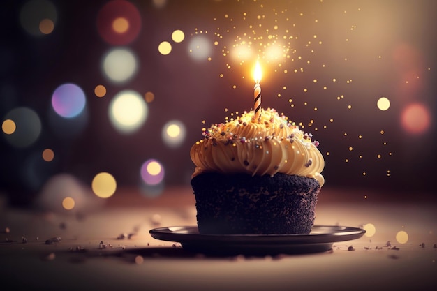 Праздничный торт ко дню рождения со свечой и украшениями Generative AI