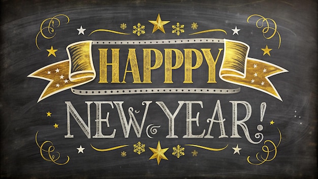 Festive Happy New Year Greeting with Colorful Stars and Snowflakes Celebrate New Years Eve