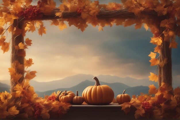 Festive herfst decor Frame van pompoen bloemen en herfst bladeren Concept van Thanksgiving day