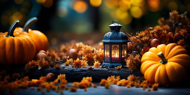Festive herfst lantaarn decoratie met pompoen bloemen en herfst bladeren Thanksgiving dag of Halloween banner concept