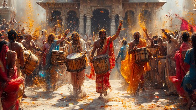 festive Holi procession with people depicting a moment of tranquility