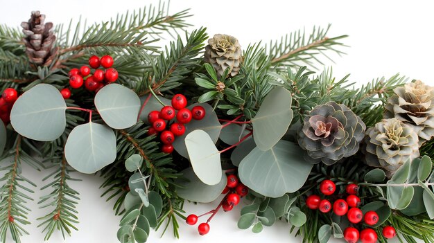 Photo festive holiday arrangement with pine cones and red berries
