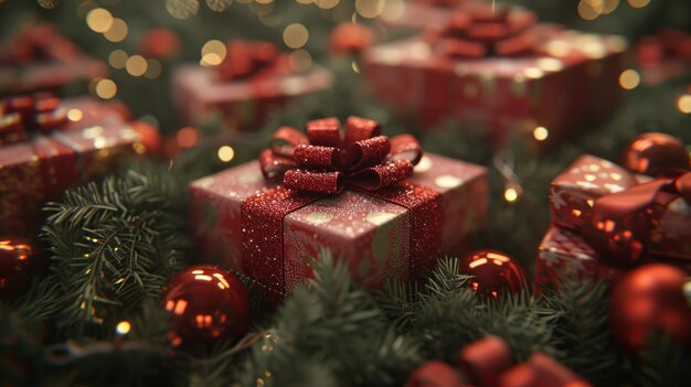 은 선물 상자 와 활 을 가진 축제 의 휴일 장식 은 즐거운 크리스마스 분위기 를 조성 한다