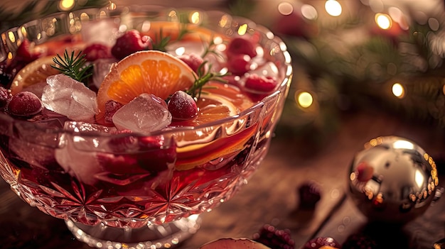 Festive holiday punch bowl filled with fruity flavors and spik jelly New Year seasonal drink Relaxing in the company of friends during the holiday concept Spruce cones and twigs Generative by AI