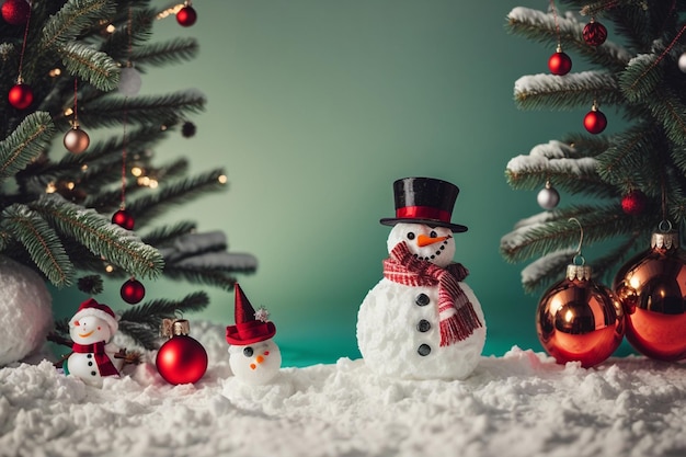 A festive holiday scene with a bright red and green background and a snowman in the foreground