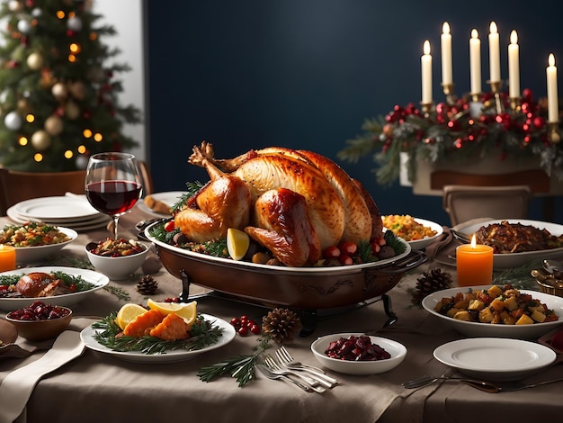 festive holiday table with a beautifully roasted turkey and all the traditional side dishes