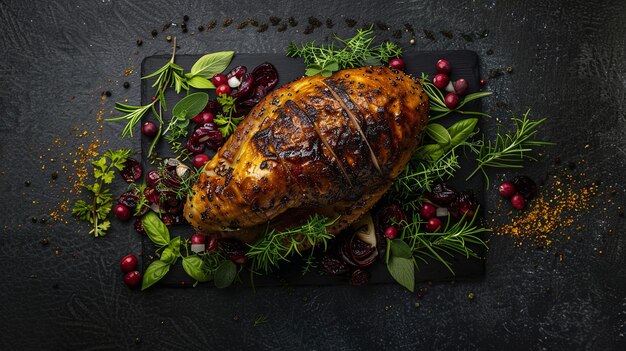 Festive holiday turkey with golden brown skin garnished with fresh herbs and cranberries