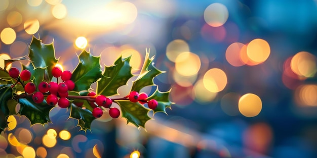 Festive Holly Berries Against Blurred Lights Background