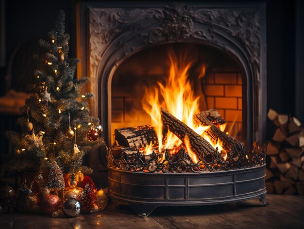 Festive Home Fireplace and Ornate Christmas Tree