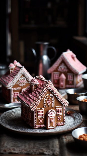 축제적 인 집에서 만든 크리스마스 진저브레드 하우스 쿠키