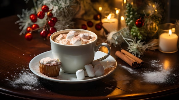 Festive Hot Chocolate with Marshmallows and Cinnamon on a Dark Wooden Table