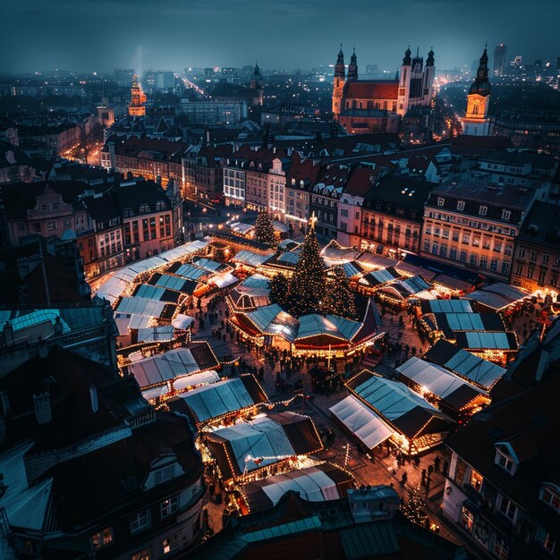 祭り の 照らさ れ た クリスマス 市場 の 夜 の 景色