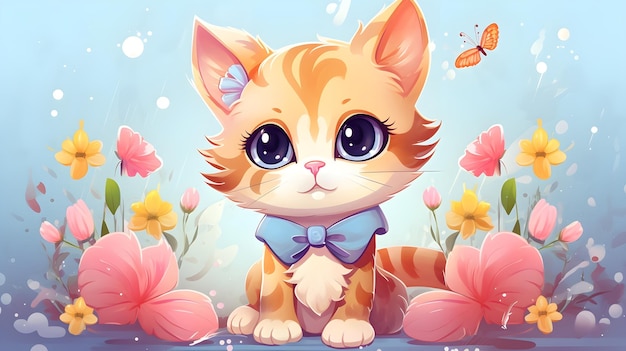 festive illustration with cute cat flowers