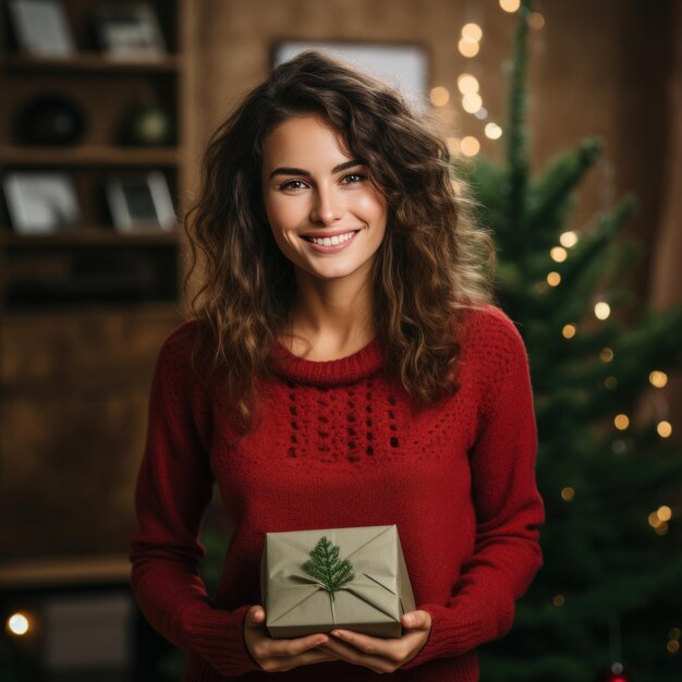 Праздничное изображение женщины в красном свитере с экологичной коробкой для рождественских подарков