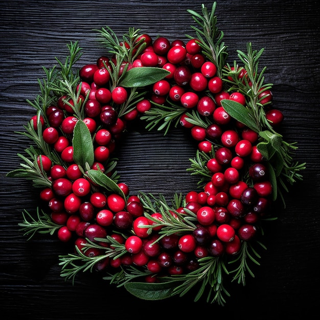 festive image of a wreath made of cranberries and rosemary