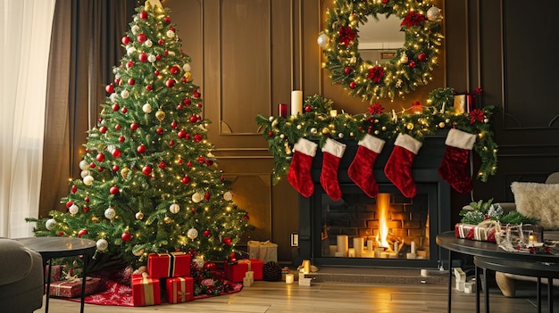 Праздничный интерьер с украшенной рождественской елкой и камином Generative Ai