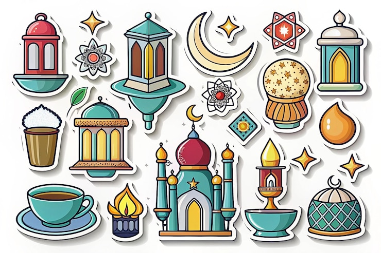 Photo festive islamic stickers lanterns mosque moon stars eid celebration design